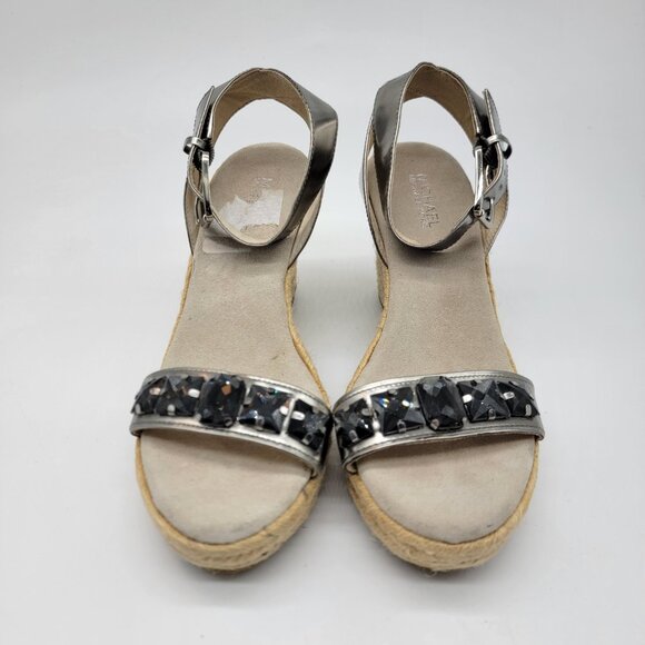 MICHAEL KORS Pewter/Silver Leather Wedge Platform Gemstone Sandals Size 9 - Picture 3 of 13